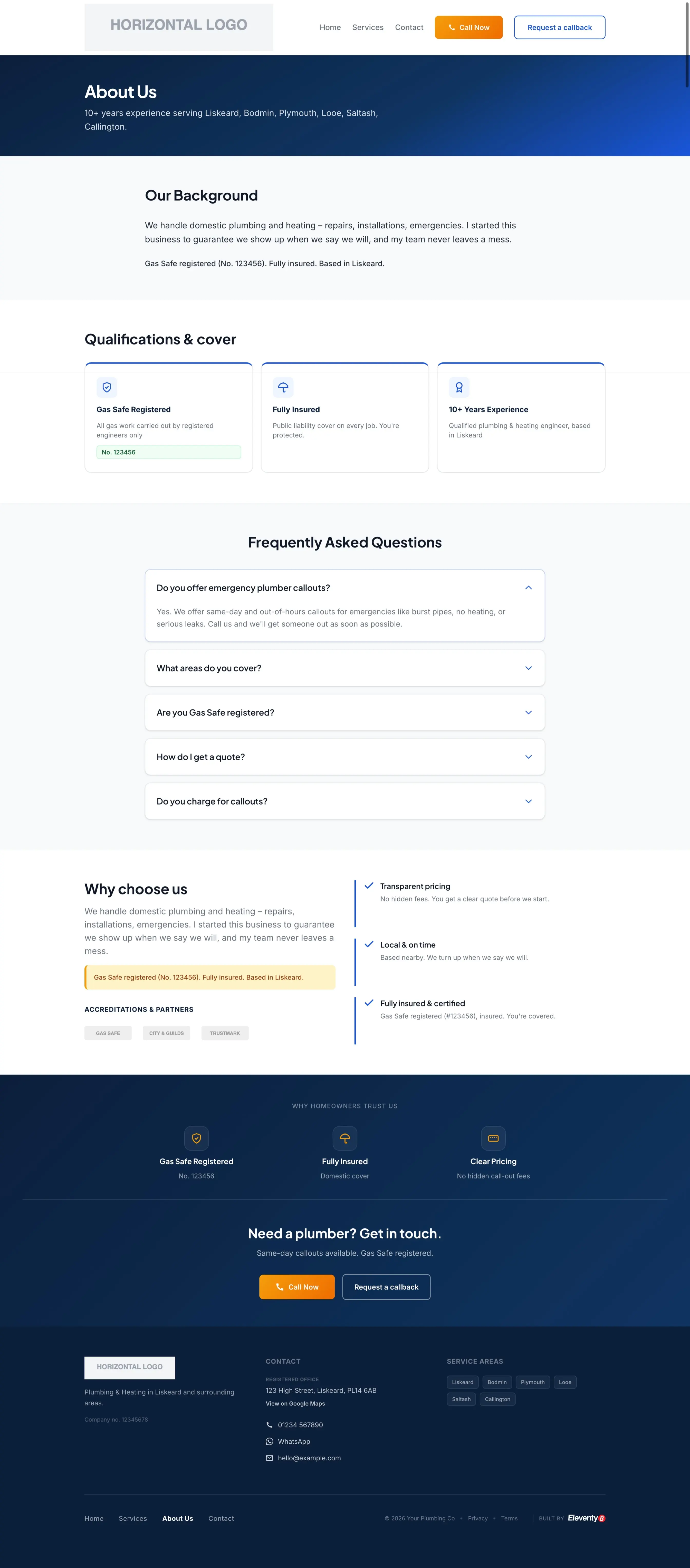 Tradesman template About page screenshot