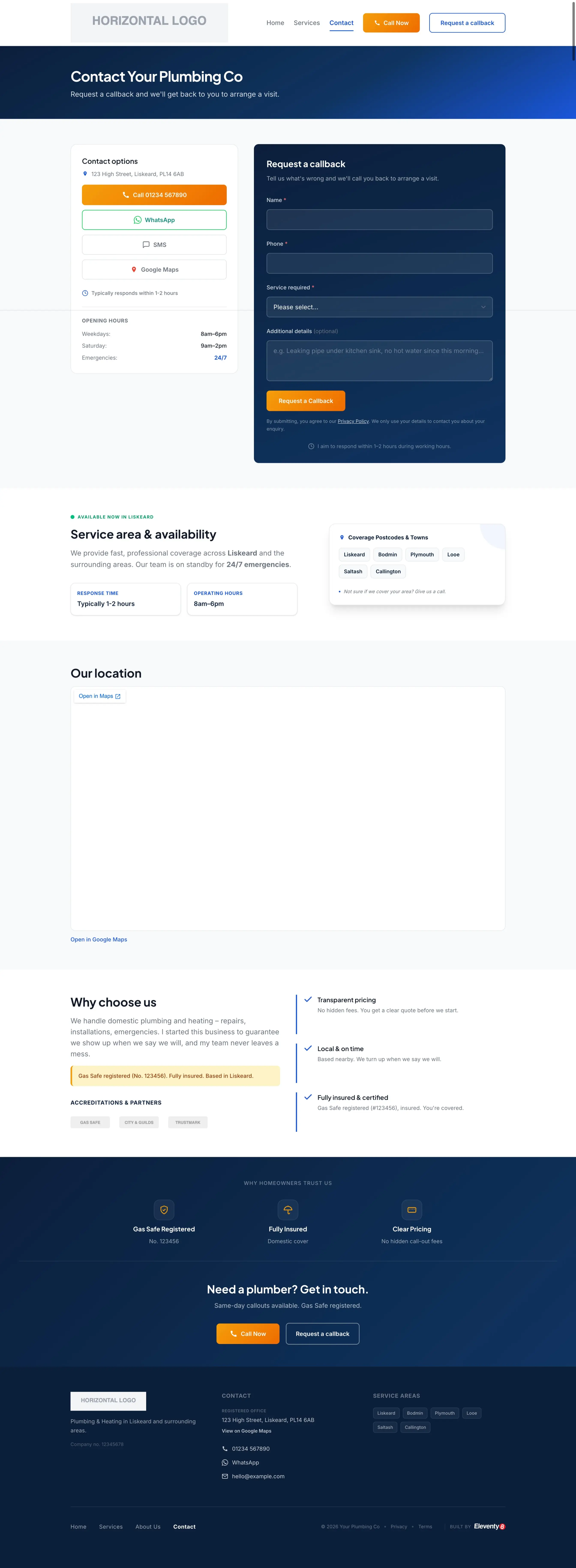 Tradesman template Contact page screenshot