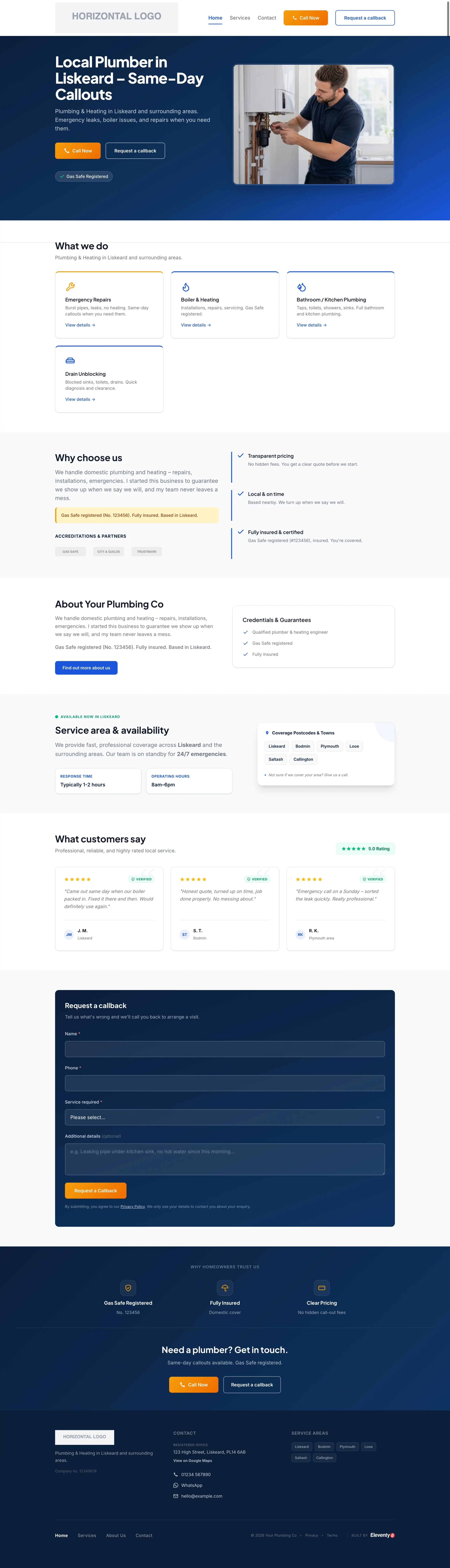 Tradesman template Home page screenshot