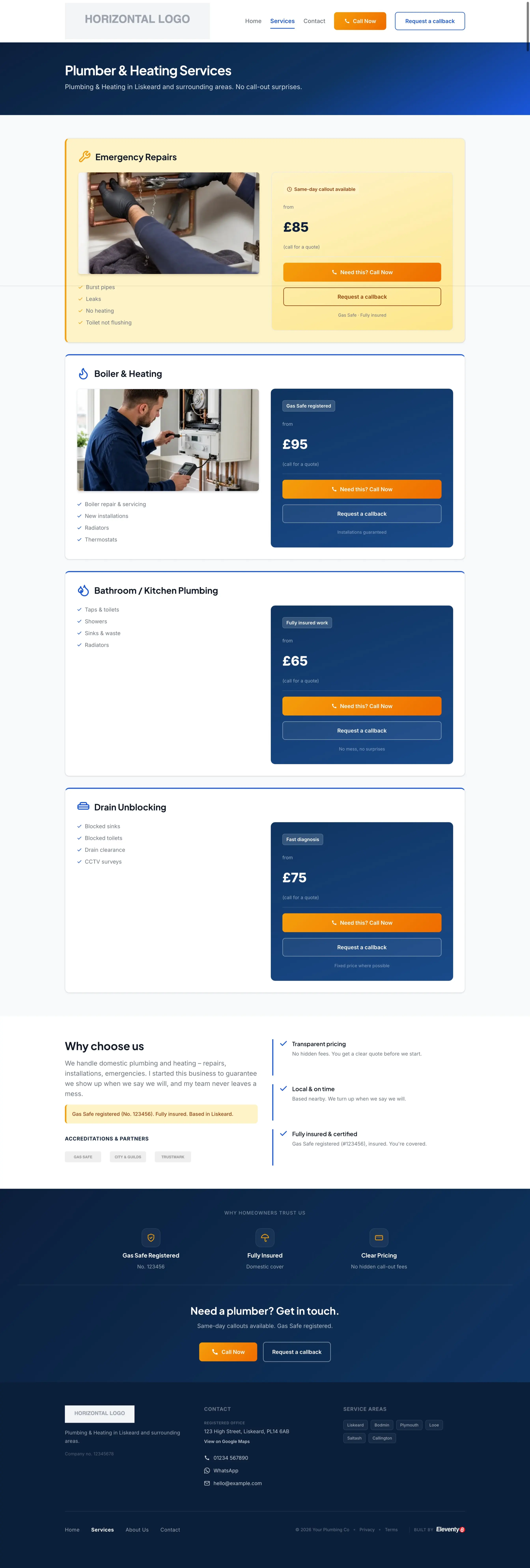 Tradesman template Services page screenshot